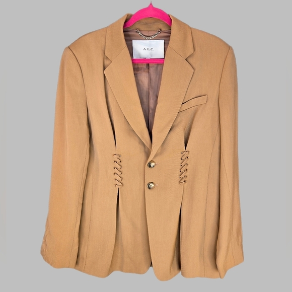 A.L.C. Women Maverick Coat Jacket Blazer Sz 8 Tan-Orange Long Line Lace Up Cinch - Picture 1 of 16